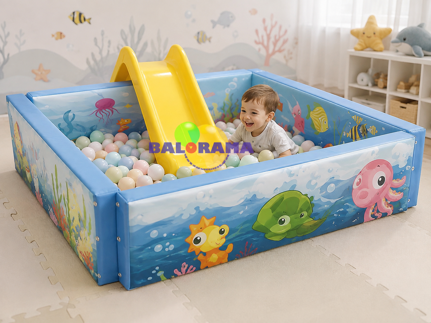 حوض كرات إسفنجي مطبوع مع زحليقة 160×160×50 سم