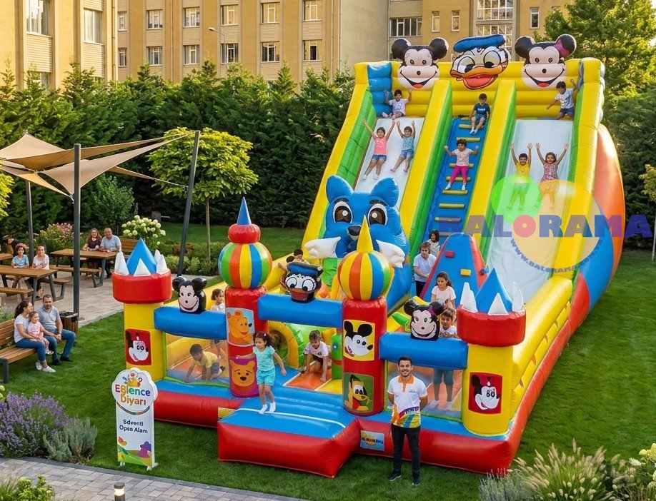 Dev Kaydıraklı Çizgi Karakterler Şişme Oyun Parkı 6x15x6m